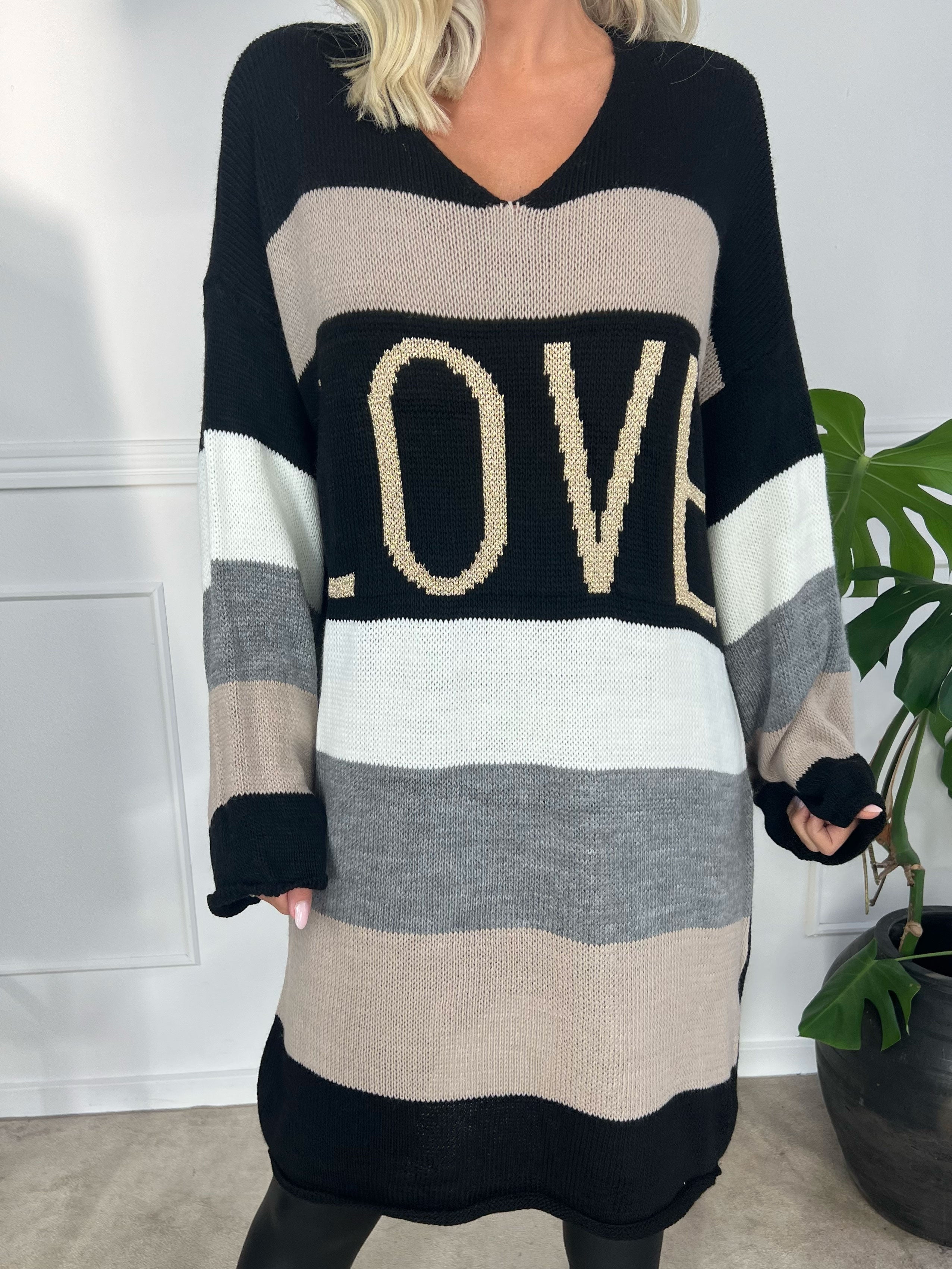 Love - Strikkjole med brede striber og skrift med glimmertråde